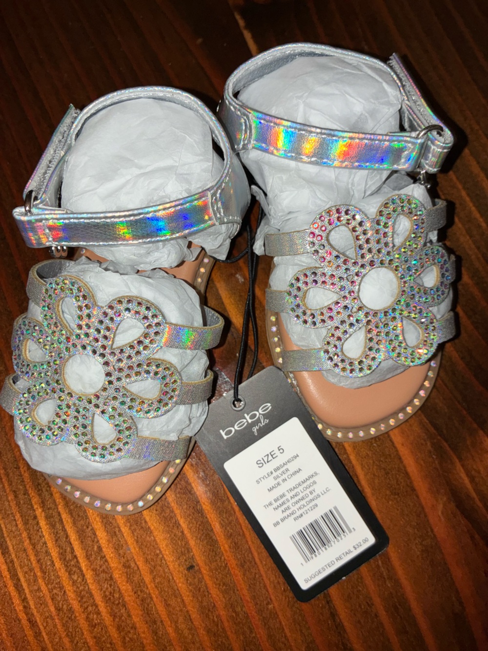 bebe Iridescent Silver Toddler Sandals with Rhinestone Flower